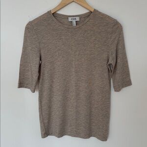 COS Short Sleeve Fitted Sweater Crewneck Wool Blend Small Tan Grey